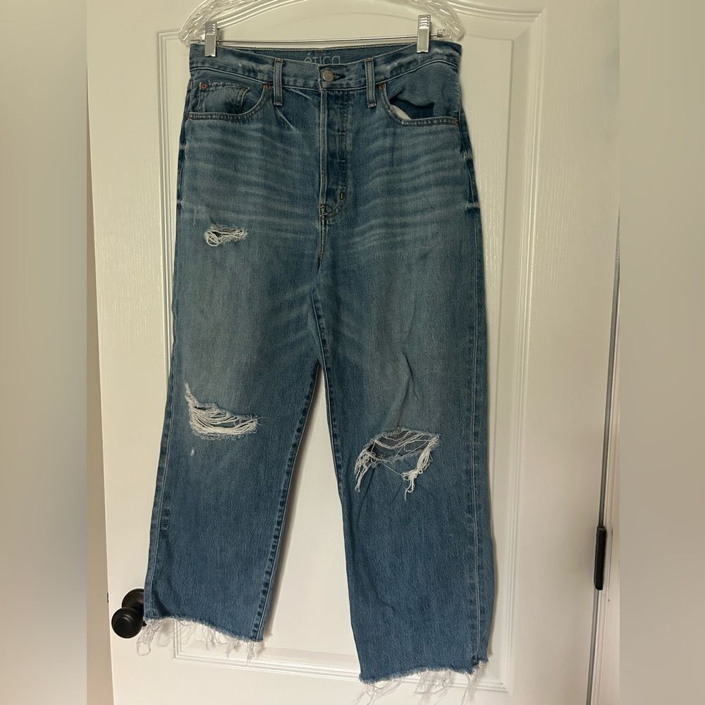 Etica Women's Distressed Ripped Grunge Blue Flare Jeans Button Up Size 29